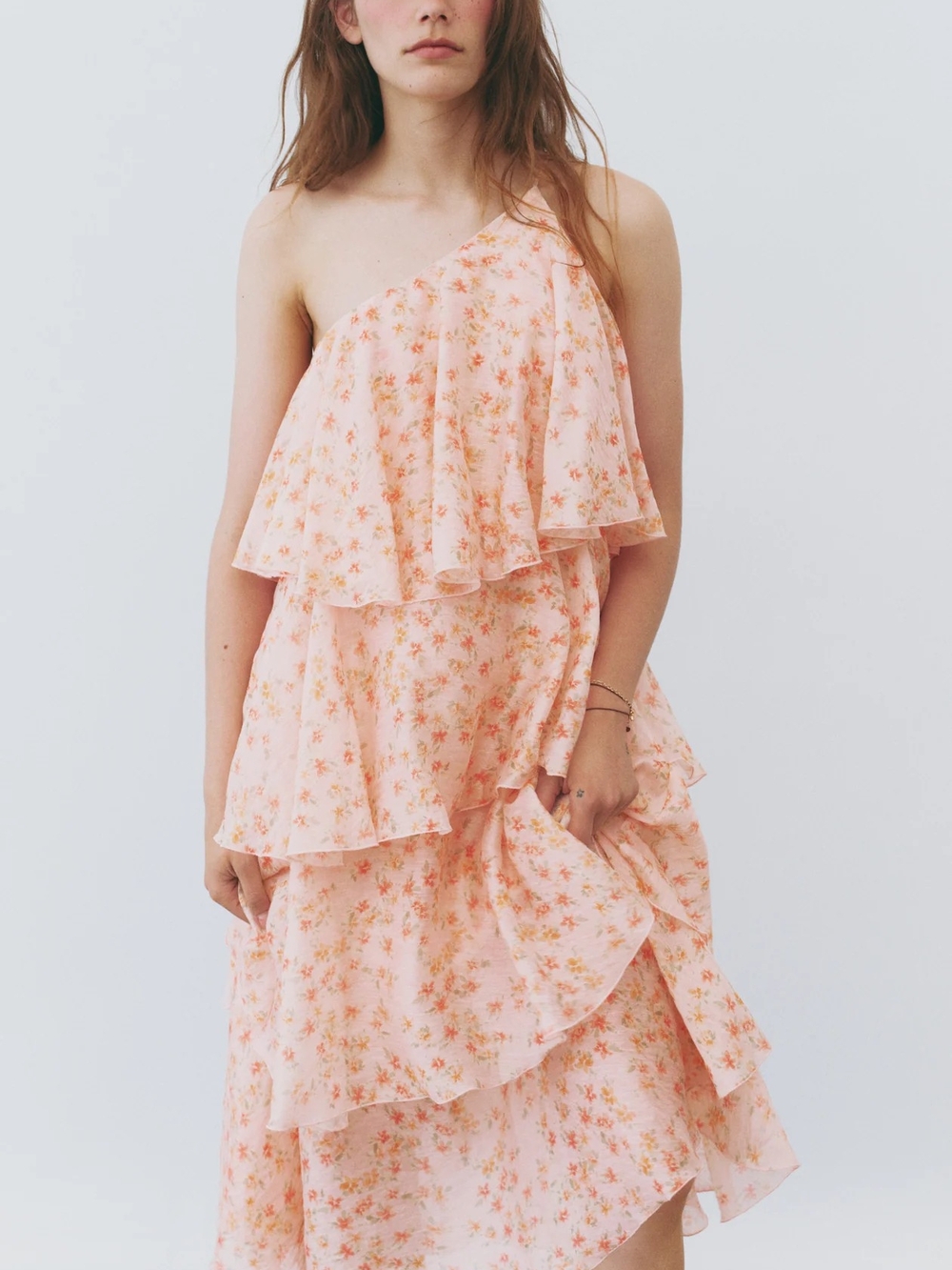 NWT💥 DRESS One-Shoulder Peach Floral Ruffle Dress